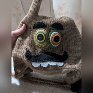 Brown Knit Monster Face Kids Youth Adult Hat Wool Handmade